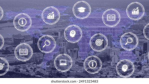 Image of icons and data processing over cityscape. Global business, digital interface, finances, computing and data processing concept digitally generated image.