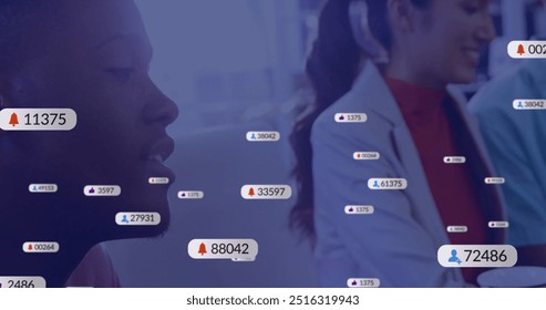 Image of icons and data processing over diverse business people using tablet. Global social media, business, connections, computing and data processing concept digitally generated image.