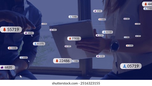 Image of icons and data processing over diverse business people using tablet. Global social media, business, connections, computing and data processing concept digitally generated image.
