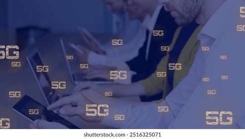 Image of icons and data processing over diverse business people using tablets. Global social media, business, connections, computing and data processing concept digitally generated image. - Powered by Shutterstock