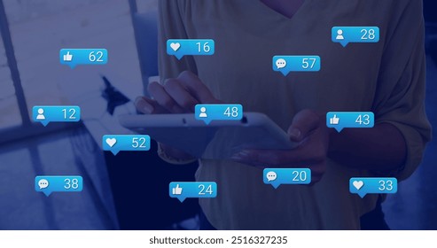Image of icons and data processing over diverse business people using tablet. Global social media, business, connections, computing and data processing concept digitally generated image.