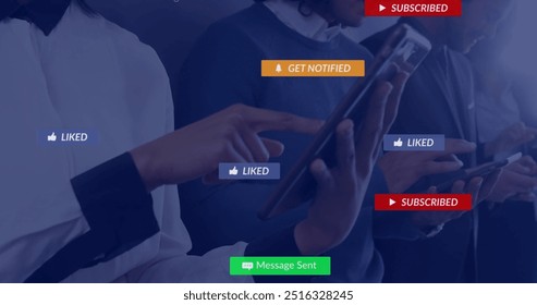 Image of icons and data processing over diverse business people using tablet. Global social media, business, connections, computing and data processing concept digitally generated image.