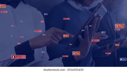 Image of icons and data processing over diverse business people using tablets. Global social media, business, connections, computing and data processing concept digitally generated image.