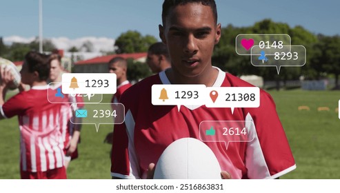 Image of icons and data processing over diverse rugby players. Global sports, competition, connections, computing and data processing concept digitally generated image.