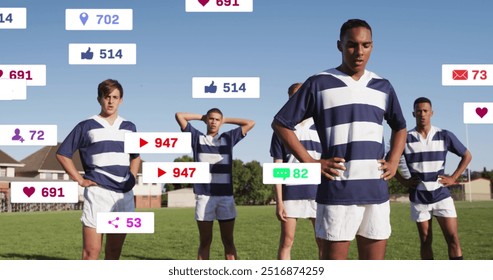 Image of icons and data processing over diverse rugby players. Global sports, competition, connections, computing and data processing concept digitally generated image.