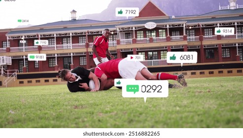 Image of icons and data processing over diverse rugby players. Global sports, competition, connections, computing and data processing concept digitally generated image.