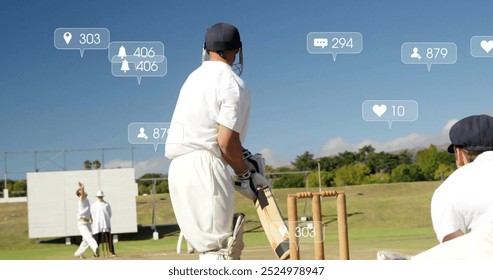 Image of icons and data processing over diverse male cricket players. Global sports, social media, connections, computing and data processing concept digitally generated image. - Powered by Shutterstock