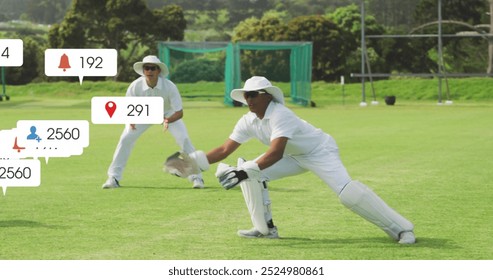 Image of icons and data processing over diverse male cricket players. Global sports, social media, connections, computing and data processing concept digitally generated image. - Powered by Shutterstock