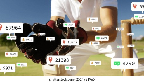 Image of icons and data processing over caucasian male cricket player. Global sports, social media, connections, computing and data processing concept digitally generated image. - Powered by Shutterstock