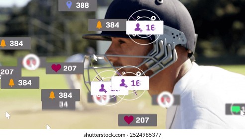 Image of icons and data processing over caucasian male cricket player. Global sports, social media, connections, computing and data processing concept digitally generated image. - Powered by Shutterstock