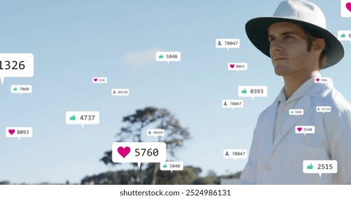 Image of icons and data processing over caucasian male cricket umpire. Global sports, social media, connections, computing and data processing concept digitally generated image. - Powered by Shutterstock