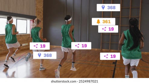 Image of icons and data processing over diverse female basketball players. Global sports, social media, connections, computing and data processing concept digitally generated image. - Powered by Shutterstock