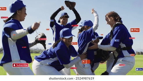 Image of icons and data processing over diverse female baseball players. Global sports, social media, connections, computing and data processing concept digitally generated image. - Powered by Shutterstock