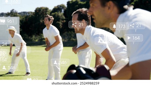 Image of icons and data processing over diverse male cricket players. Global sports, social media, connections, computing and data processing concept digitally generated image. - Powered by Shutterstock