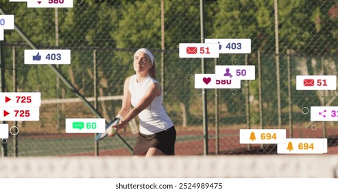 Image of icons and data processing over caucasian female tennis player. Global sports, social media, connections, computing and data processing concept digitally generated image.