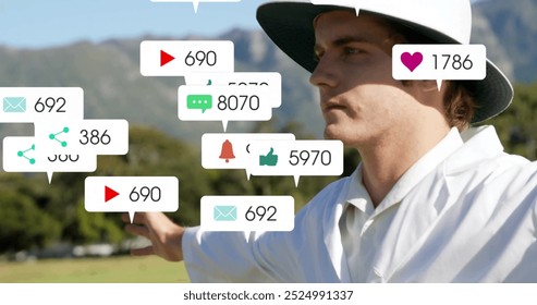 Image of icons and data processing over caucasian male cricket umpire. Global sports, social media, connections, computing and data processing concept digitally generated image. - Powered by Shutterstock