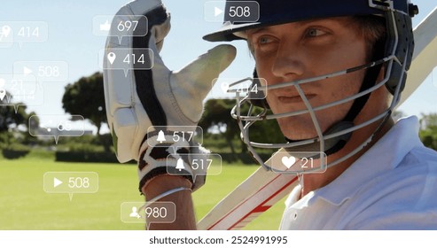 Image of icons and data processing over caucasian male cricket player. Global sports, social media, connections, computing and data processing concept digitally generated image. - Powered by Shutterstock