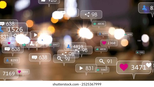Image of icons and data processing over out of focus city. Global social media, business, connections, computing and data processing concept digitally generated image.