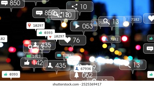 Image of icons and data processing over out of focus city. Global social media, business, connections, computing and data processing concept digitally generated image.