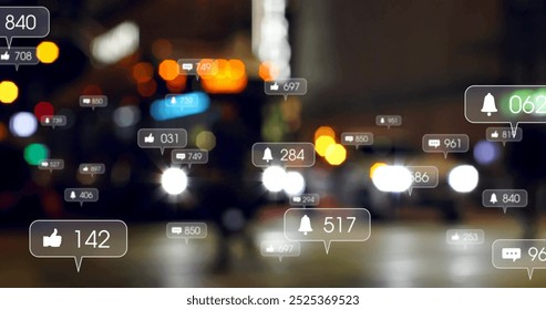 Image of icons and data processing over out of focus city. Global social media, business, connections, computing and data processing concept digitally generated image.