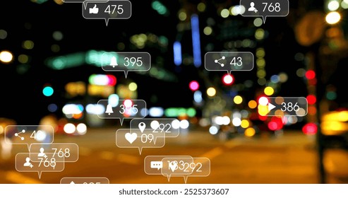 Image of icons and data processing over out of focus city. Global social media, business, connections, computing and data processing concept digitally generated image.