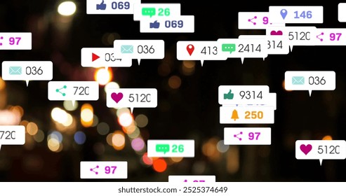 Image of icons and data processing over out of focus city. Global social media, business, connections, computing and data processing concept digitally generated image. - Powered by Shutterstock - Get 15% off with code: PIKWIZARD15