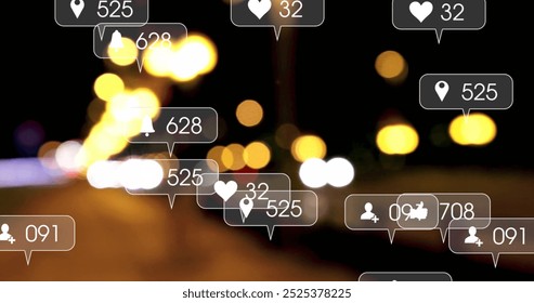 Image of icons and data processing over out of focus city. Global social media, business, connections, computing and data processing concept digitally generated image.