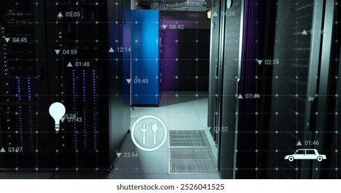 Image of icons and data processing over computer servers. Global cloud computing and data processing concept digitally generated image.