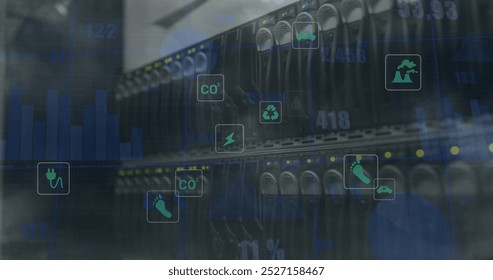 Image of icons and data processing over server room. Global business and digital interface concept digitally generated image.
