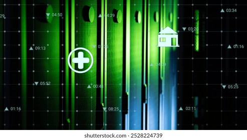 Image of icons and data processing over computer servers. Global business, finances, computing and data processing concept digitally generated image.