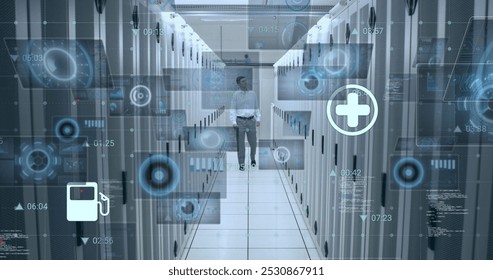 Image of icons and data processing over caucasian it engineer and computer servers. Global connections, computing, digital interface and data processing concept digitally generated image.