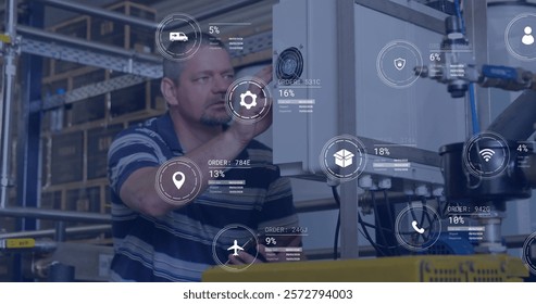 Image of icons and data processing over caucasian man working in factory. Global shipping, finance, business, connections, computing and data processing concept digitally generated image.