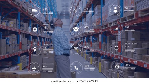Image of icons and data processing over caucasian man working in warehouse. Global shipping, finance, business, connections, computing and data processing concept digitally generated image.