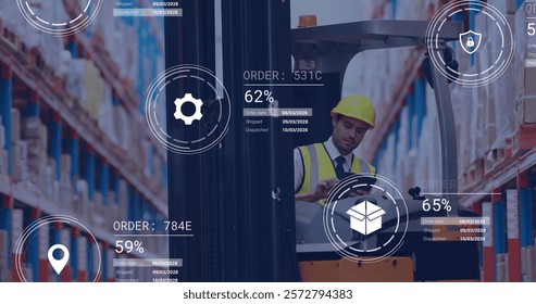 Image of icons and data processing over caucasian man working in warehouse. Global shipping, finance, business, connections, computing and data processing concept digitally generated image.