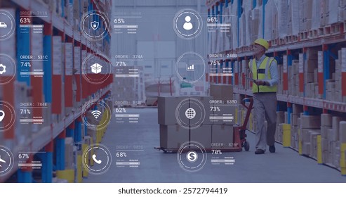 Image of icons and data processing over caucasian man working in warehouse. Global shipping, finance, business, connections, computing and data processing concept digitally generated image.