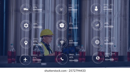 Image of icons and data processing over caucasian man working in warehouse. Global shipping, finance, business, connections, computing and data processing concept digitally generated image.