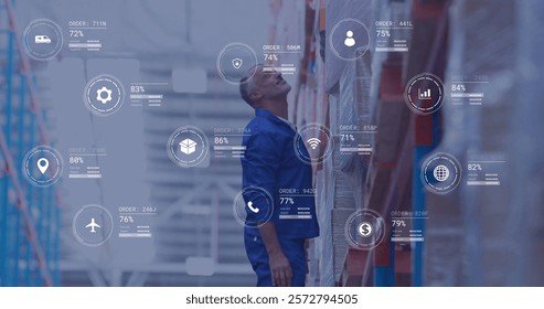 Image of icons and data processing over caucasian man working in warehouse. Global shipping, finance, business, connections, computing and data processing concept digitally generated image.