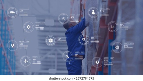 Image of icons and data processing over caucasian man working in warehouse. Global shipping, finance, business, connections, computing and data processing concept digitally generated image.