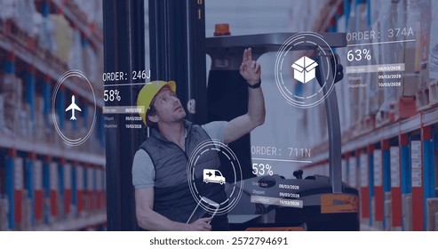 Image of icons and data processing over caucasian man working in warehouse. Global shipping, finance, business, connections, computing and data processing concept digitally generated image.