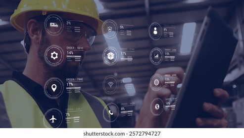 Image of icons and data processing over caucasian man working in warehouse. Global shipping, finance, business, connections, computing and data processing concept digitally generated image.