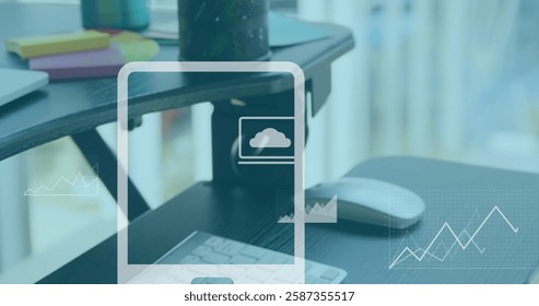 Image of icons and data processing over desk in office. Global finance, business, connections, computing and data processing concept digitally generated image.