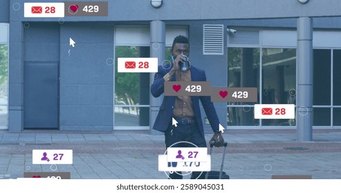 Image of icons and data processing over african american businessman with suitcase in city. Global social media, connections, computing and data processing concept digitally generated image.