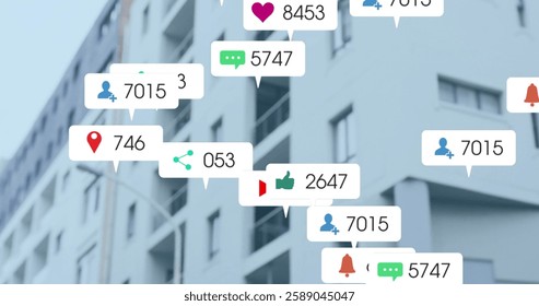 Image of icons and data processing over high building. global social media, connections, computing and data processing concept digitally generated image.