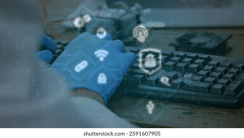 Image of icons and data processing over male scientist using computer keyboard. Global science, connections, computing and data processing concept digitally generated image. - Powered by Shutterstock - Get 15% off with code: PIKWIZARD15