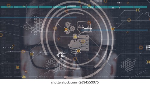 Image of icons and data processing over caucasian man on black background. Global technology, computing and digital interface concept digitally generated image.