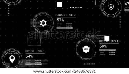Image of icons and data processing over black background. Global artificial intelligence, connections, computing and data processing concept digitally generated image.