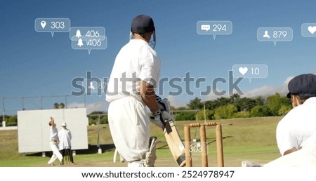 Image of icons and data processing over diverse male cricket players. Global sports, social media, connections, computing and data processing concept digitally generated image.