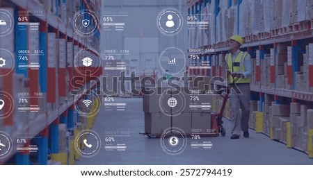 Image of icons and data processing over caucasian man working in warehouse. Global shipping, finance, business, connections, computing and data processing concept digitally generated image.