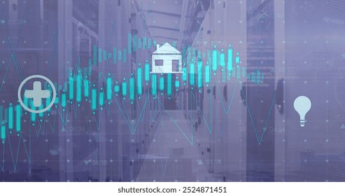 Image of icons and digital data processing over computer servers. Global connections, computing and data processing concept digitally generated image.