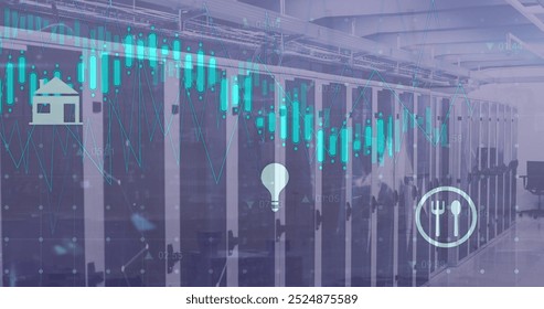Image of icons and digital data processing over computer servers. Global connections, computing and data processing concept digitally generated image.